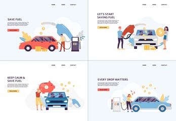 Fototapeta na wymiar Web banners set calling to save fuel with characters flat vector illustration.