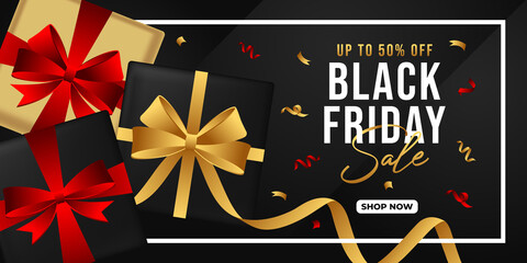 Black Friday Sale vector background design. Black friday sale background vector with gift box and confetti decoration. Black Friday Sale Banner, poster, and flyer for promotion and advertising design