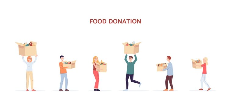 Food donation - people carry boxes with food flat vector illustration isolated.