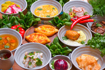 View from above of georgian cuisine on brown wooden table. Top view. Copy space for text.