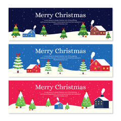 set of christmas banners with pine and snowy house