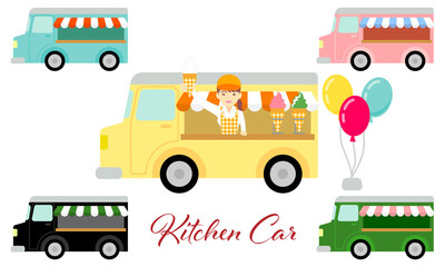 キッチンカー・アイスクリーム販売のイラスト／Illustration of kitchen car ice cream sales