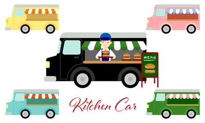 キッチンカー・ハンバーガー販売のイラスト／Illustration of kitchen car and hamburger sales