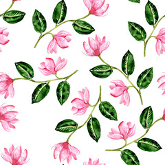 watercolor drawing seamless pattern with branch of magnoila tree