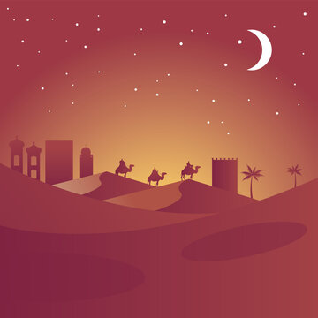 happy merry christmas card with magic kings in camels silhouettes desert scene