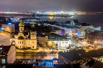 Fototapeta premium Russia, Nizhny Novgorod - 28.12.2017: night view of Nizhny Novgorod, building for the 2018 FIFA World Cup in Russia, church, night city.