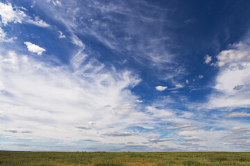 blue sky with variegated clouds over the field