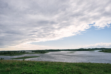 A panoramic view from the Braslav Lakes National Park in the afternoon with heavy clouds. Belarus