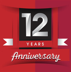 12th years anniversary logo with white ribbon isolated on red background, flat design style, Vector template elements for birthday celebration.