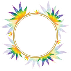 Watercolor illustration. Round frame with rainbow hemp leaves and gold edging on a white background. Place your text in the center.