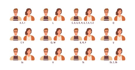Female and male character practicing english speech. Mouth expressions and positions. Different sounds pronunciation set for animation. Flat vector cartoon illustration isolated on white background