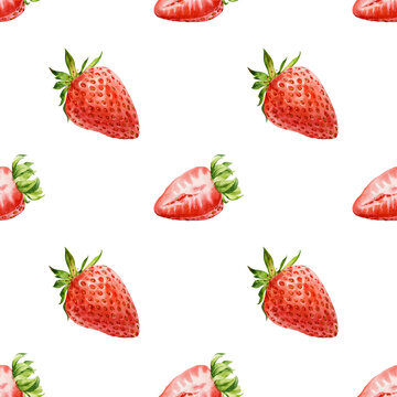 Watercolor illustration. Seamless pattern with strawberries on a white background.