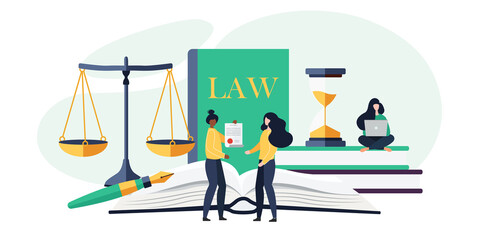 Law and justice concept. Scales of justice, the building of the judge and the hammer of the judge. Supreme Court. Vector illustration in cartoon flat style