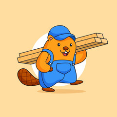 Happy cute beaver carrying bulk wood vector illustration for carpenter occupation animal mascot character vector illustration cartoon design © mnaufal design