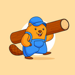 Happy cute beaver carrying logging timber wood vector illustration for carpenter woodcutter occupation animal mascot character vector illustration cartoon design © mnaufal design
