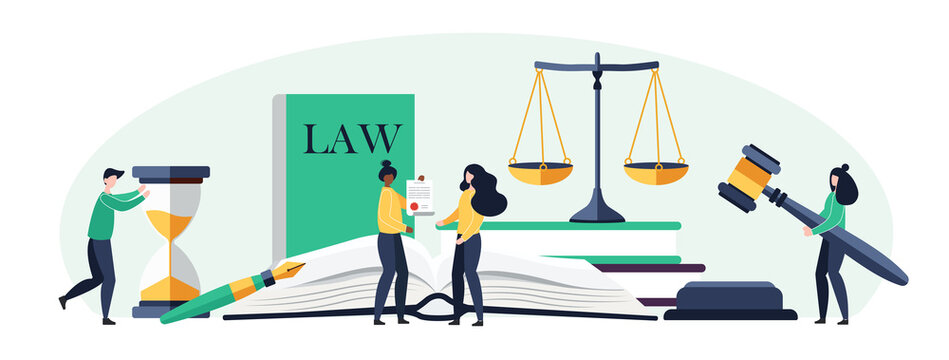 Law And Justice Concept. Scales Of Justice, The Building Of The Judge And The Hammer Of The Judge. Supreme Court. Vector Illustration In Cartoon Flat Style