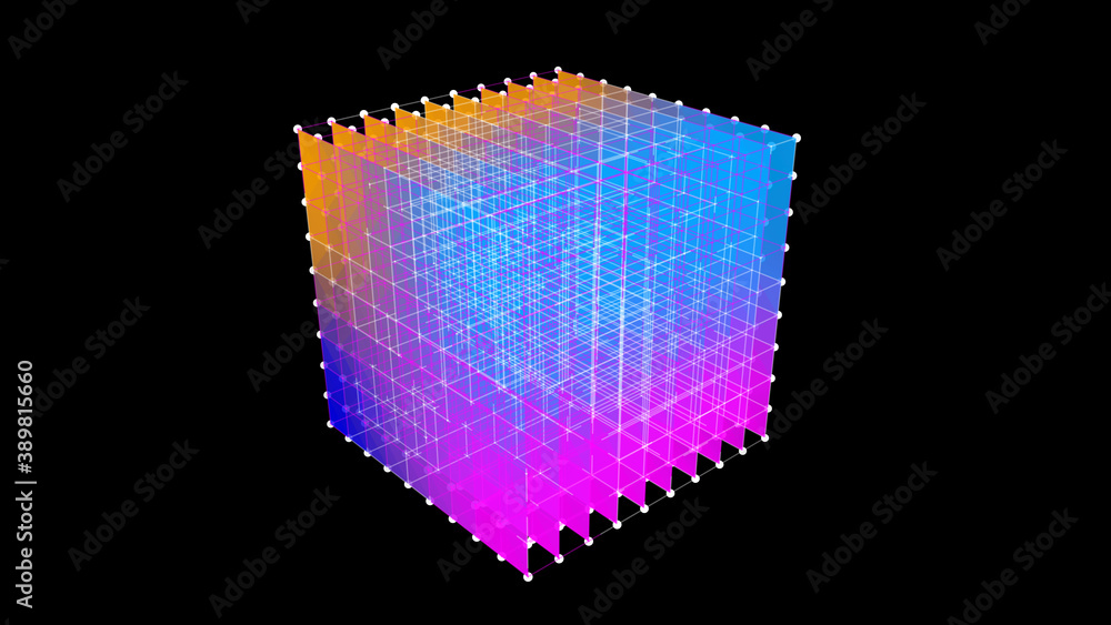 Poster colored 3d wireframe cube of lines and dots. 3d rendering