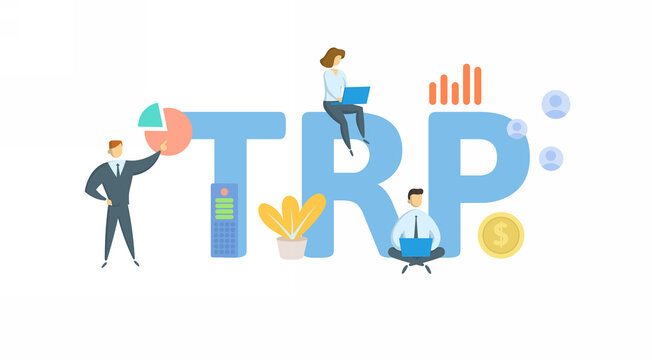 TRP, Target Rating Point. Concept with keyword, people and icons. Flat vector illustration. Isolated on white background.
