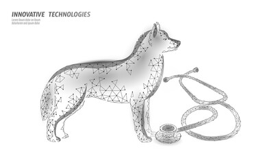 Veterinary clinic dog pet standing alone. Low poly polygonal 3D dog silhouette companion. Animal medical center banner template vector illustration