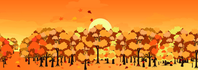 autumn landscape, deciduous trees, colorful leaves. Bright sun. Vector illustration