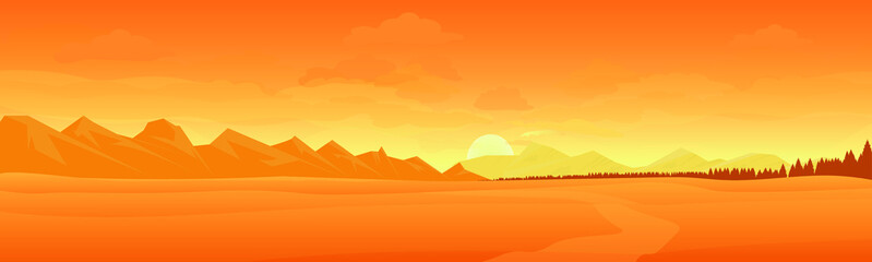Fototapeta na wymiar Sunny desert with mountains, yellow sand. Vector illustration