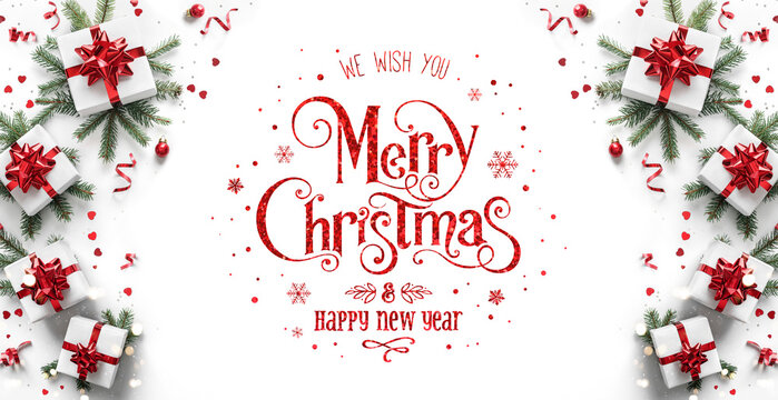 Merry Christmas and Happy New Year text on white background with gift boxes, ribbons, red decoration, fir branches, bokeh, sparkles and confetti. Xmas greeting card, bokeh, light. Top view, banner