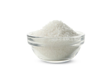 Glass bowl of salt isolated on white background