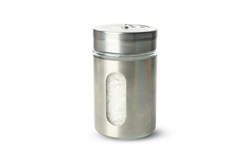 Metal salt shaker with salt isolated on white background