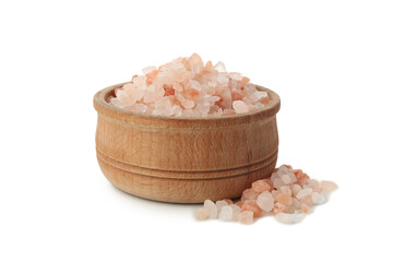 Fototapeta na wymiar Bowl with pink himalayan salt isolated on white background