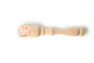 Scoop with pink himalayan salt isolated on white background