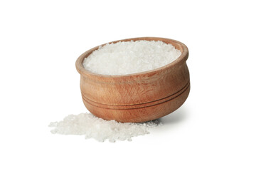 Wooden bowl with salt isolated on white background