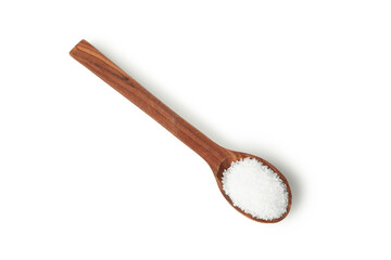 Wooden spoon with salt isolated on white background