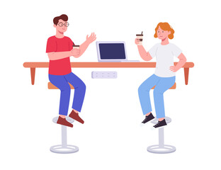 Young man and woman enjoying coffee talk in cafe flat illustration