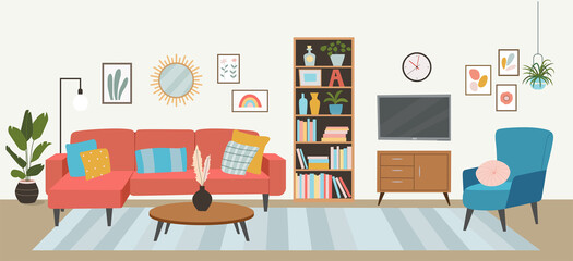 Living room interior. Comfortable sofa, TV,  chair and house plants. Vector flat illustration