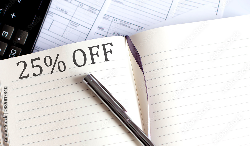 Poster notebook with toolls and notes about 25 off