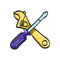 Mechanic tools icon in color drawing. Wrench screw driver mechanic setting maintenance professional setting