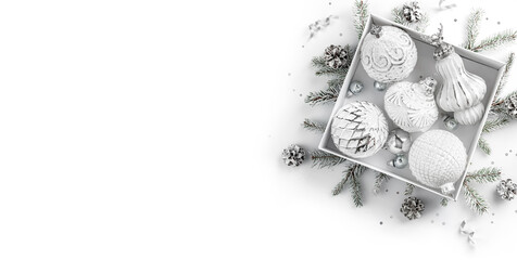 Merry Christmas card made of gift box, white and silver decorations, fir branches, sparkles and confetti on white background. Xmas and New Year holiday, bokeh, light. Flat lay, top view