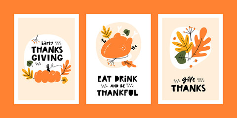 Set of Thanksgiving greeting cards and invitations with pumpkin, leaves, baked turkey and handwritten lettering. Templates for harvest festival. 