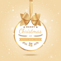 Fototapeta na wymiar Merry Christmas and Happy New Year Greeting Background. Xmas card. Ball with gold bow and ribbon