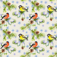 Cute birds, christmas tree twigs, snowflakes. Seamless pattern. Winter watercolor in vintage style