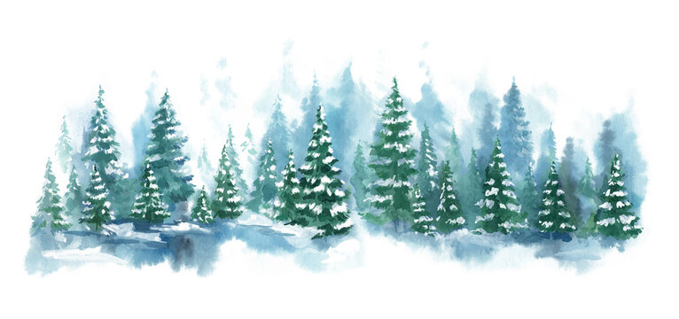 Watercolor Blue winter landscape of foggy forest hill. Wild nature, frozen, misty, taiga. Vector Horizontal watercolor background. Evergreen coniferous trees. © Leyasw