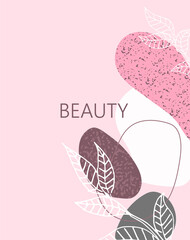 abstract background for cosmetics products, inscription beauty. Different shapes with texture and floral ornament leaves.
