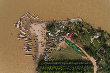 Koh Dach - Silk Island local beach, Island on Mekong river in Phnom Penh Cambodia Asia Aerial Drone...