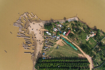 Koh Dach - Silk Island local beach, Island on Mekong river in Phnom Penh Cambodia Asia Aerial Drone...