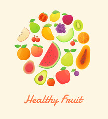 Healthy fruit nature organic nutrition white isolated background united circle shape with color cartoon flat style