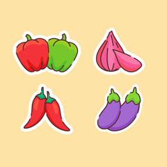 Vegetable icons set collection paprika chili eggplant onion organic fresh taste flavor with color flat cartoon outline style