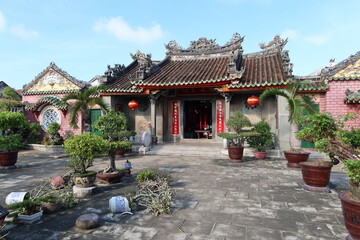 Hoi An, Vietnam, October 29, 2020: Facade of the Assembly Hall Of Fujian Chinese Temple in Hoi An