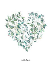 Watercolor eucalyptus plants heart. Hand drawn floral illustration isolated on white background. Natural graphic label: heart silhouette consist of leaves and branches