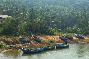 View from the bridge to the river Bank connecting Goa and Maharashtra. State Of Goa. India.