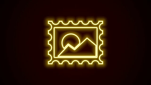 Glowing neon line Postal stamp icon isolated on black background. 4K Video motion graphic animation